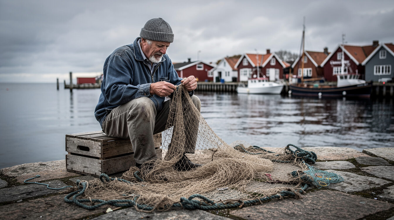 old fisherman repairing net